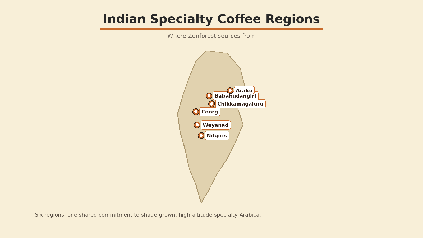 Map of Indian coffee growing regions in the Western Ghats including Chikkamagaluru and Coorg